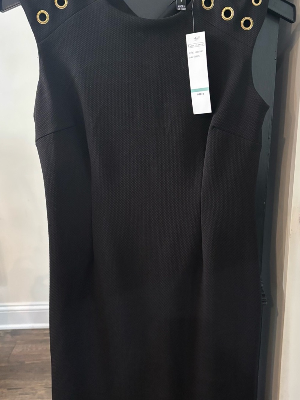 karin stevens Black Sheath Dress with Gold Grommet Detail